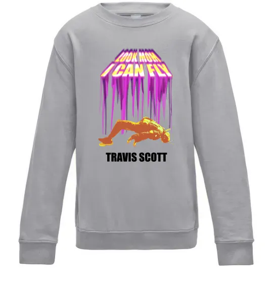 Детский Свитшот Travis Scott Look mom I can fly Серый меланж фото
