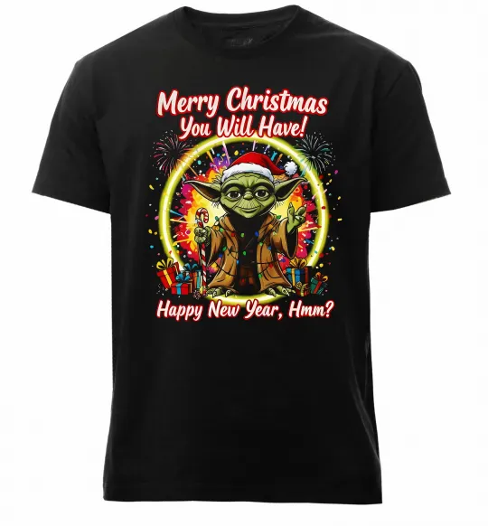 Мужская премиум футболка Yoda Merry Christmas you will have Черный фото