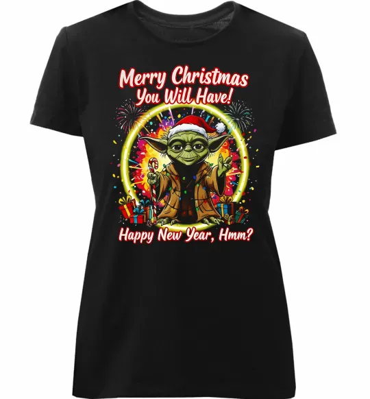 Женская премиум футболка Yoda Merry Christmas you will have Черный фото