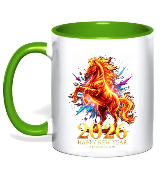 Чашка з кольоровою ручкою 2026 Рік вогняного коня Лаймовий фото