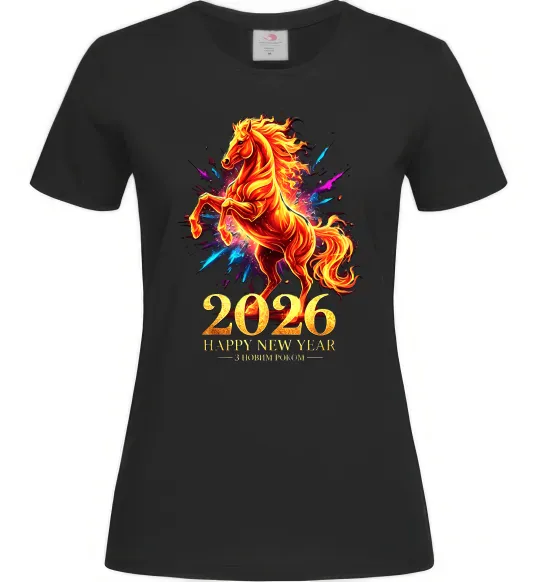 Женская футболка 2026 Рік вогняного коня Черный фото