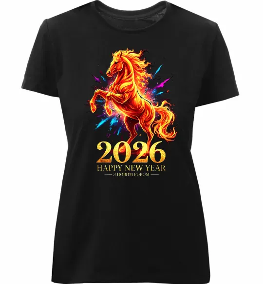 Женская премиум футболка 2026 Рік вогняного коня Черный фото
