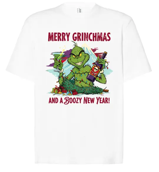 Футболка Оверсайз Merry Grinchmas and boozy New Year Белый фото