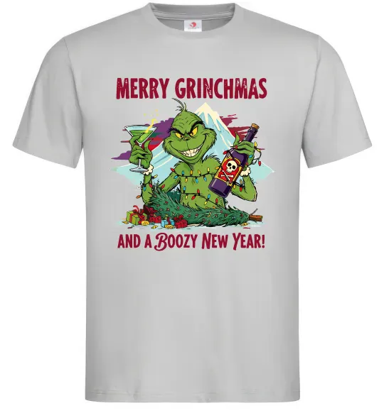Мужская футболка Merry Grinchmas and boozy New Year Серый фото