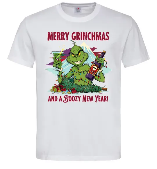 Мужская футболка Merry Grinchmas and boozy New Year Белый фото