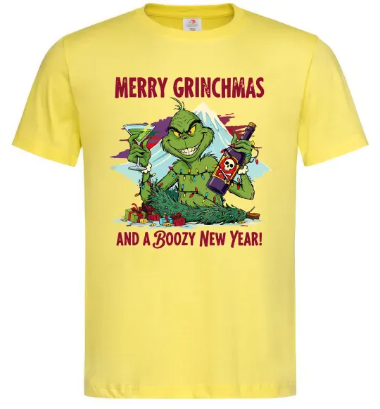 Мужская футболка Merry Grinchmas and boozy New Year Лимонный фото