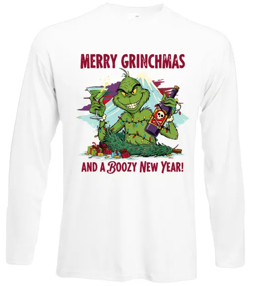 Лонгслів Merry Grinchmas and boozy New Year Білий фото