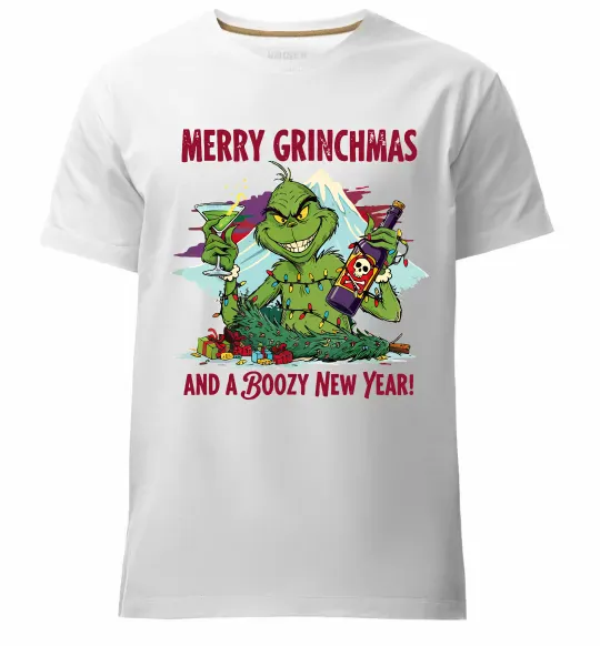 Чоловіча преміум футболка Merry Grinchmas and boozy New Year Білий фото