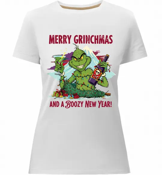 Жіноча преміум футболка Merry Grinchmas and boozy New Year Білий фото