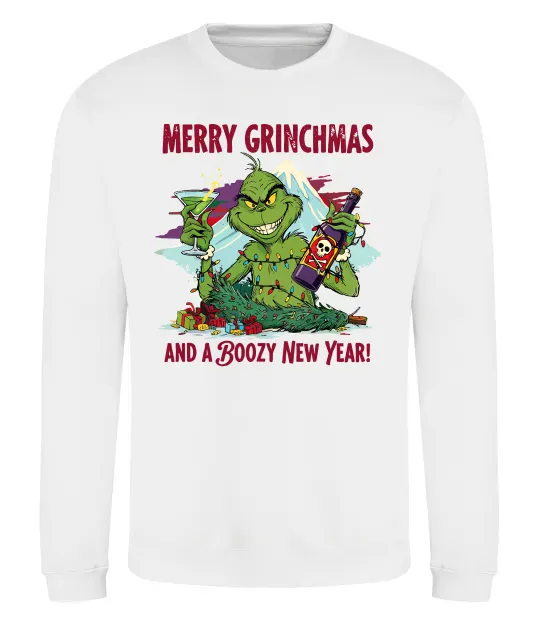 Свитшот Merry Grinchmas and boozy New Year Белый фото