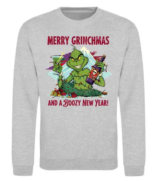 Свитшот Merry Grinchmas and boozy New Year Серый меланж фото