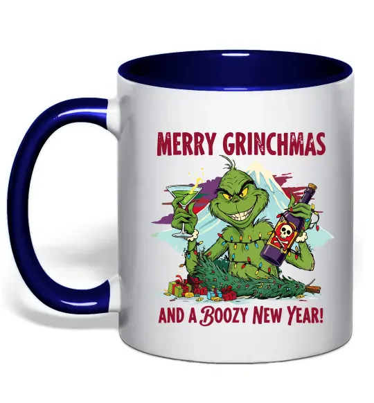 Чашка з кольоровою ручкою Merry Grinchmas and boozy New Year Глибокий темно-синій фото