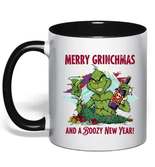 Чашка з кольоровою ручкою Merry Grinchmas and boozy New Year Чорний фото