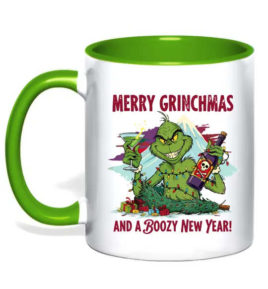 Чашка з кольоровою ручкою Merry Grinchmas and boozy New Year Лаймовий фото