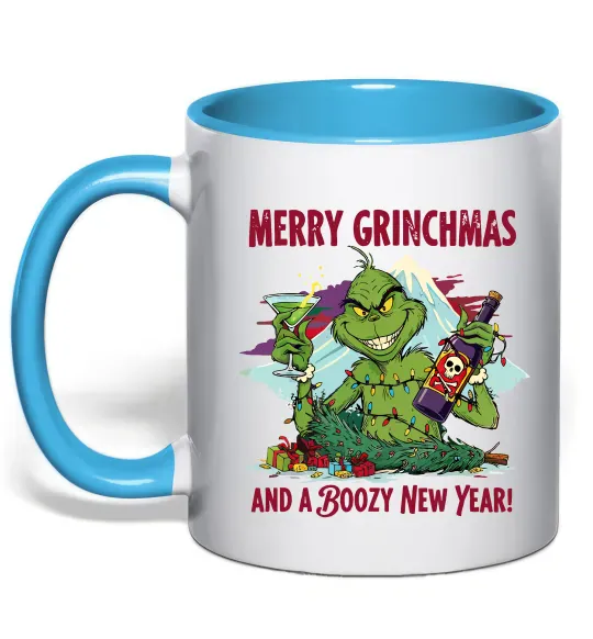 Чашка з кольоровою ручкою Merry Grinchmas and boozy New Year Блакитний фото