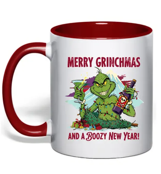 Чашка з кольоровою ручкою Merry Grinchmas and boozy New Year Червоний фото