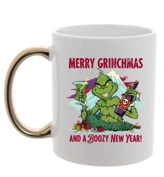 Чашка з кольоровою ручкою Merry Grinchmas and boozy New Year Золото фото