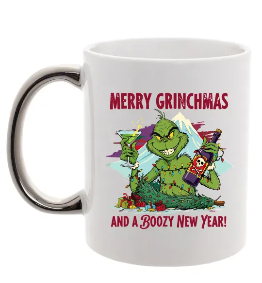 Чашка з кольоровою ручкою Merry Grinchmas and boozy New Year Срібло фото