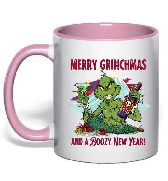 Чашка з кольоровою ручкою Merry Grinchmas and boozy New Year Ніжно рожевий фото