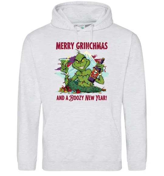 Чоловіча толстовка (худі) Merry Grinchmas and boozy New Year Сірий меланж фото