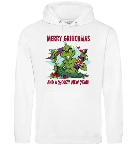 Женская толстовка (худи) Merry Grinchmas and boozy New Year Белый фото