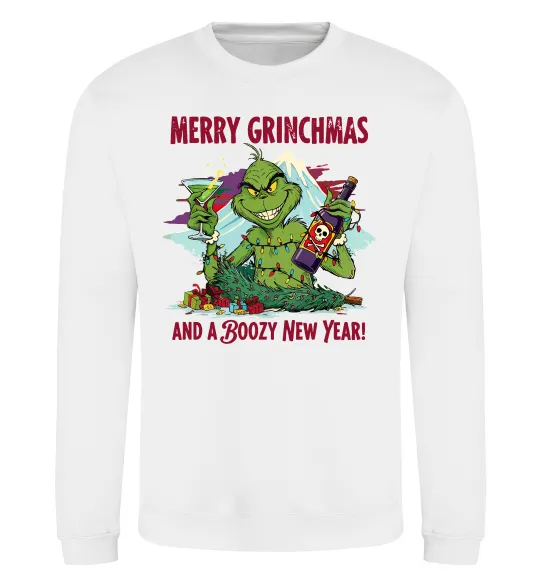 Свитшот Merry Grinchmas and boozy New Year Белый фото