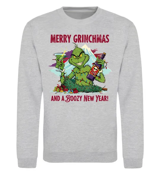 Свитшот Merry Grinchmas and boozy New Year Серый меланж фото