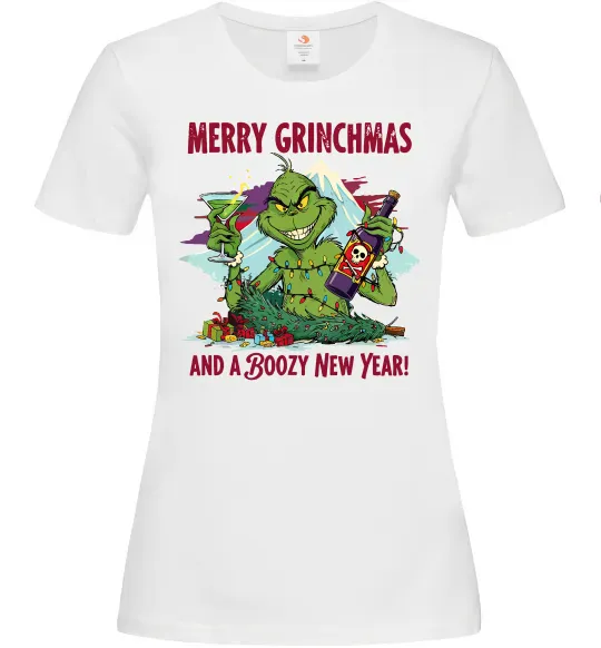Жіноча футболка Merry Grinchmas and boozy New Year Білий фото