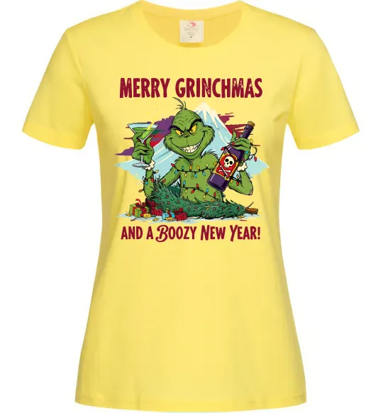 Жіноча футболка Merry Grinchmas and boozy New Year Лимонний фото