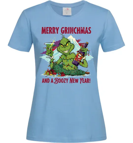Жіноча футболка Merry Grinchmas and boozy New Year Блакитний фото