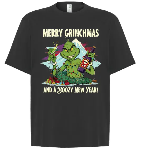 Футболка Оверсайз Merry Grinchmas and boozy New Year Черный фото