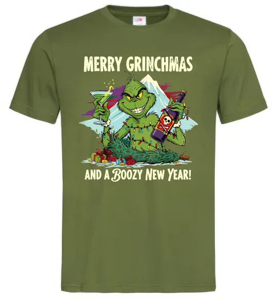Мужская футболка Merry Grinchmas and boozy New Year Оливковый фото