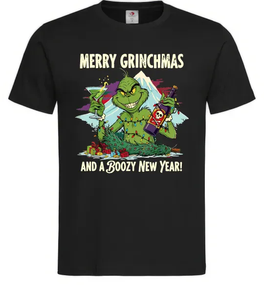 Мужская футболка Merry Grinchmas and boozy New Year Черный фото
