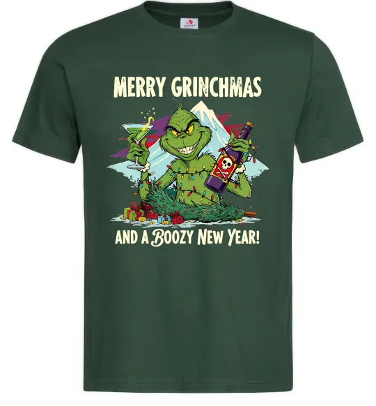 Мужская футболка Merry Grinchmas and boozy New Year Темно-зеленый фото