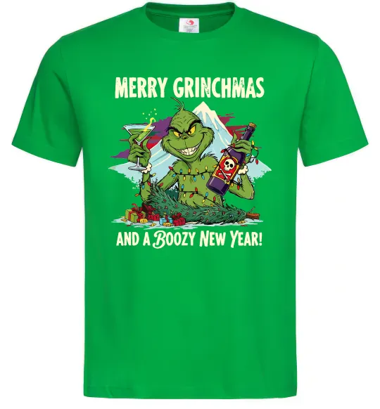 Мужская футболка Merry Grinchmas and boozy New Year Зеленый фото