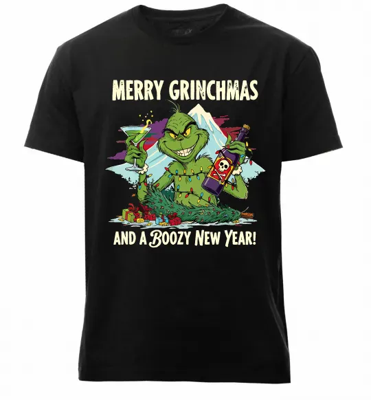 Чоловіча преміум футболка Merry Grinchmas and boozy New Year Чорний фото
