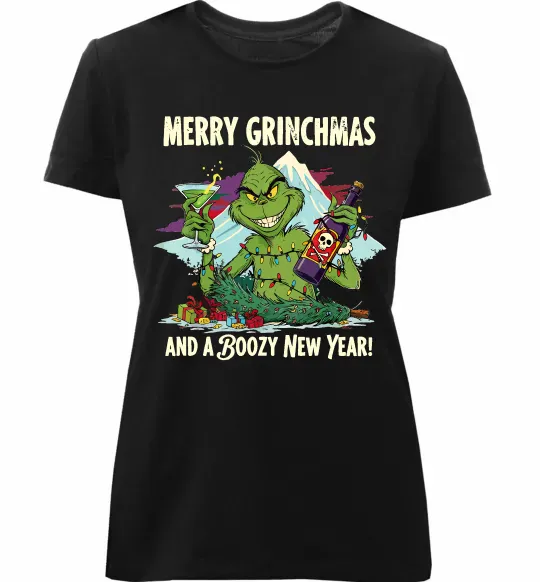 Жіноча преміум футболка Merry Grinchmas and boozy New Year Чорний фото