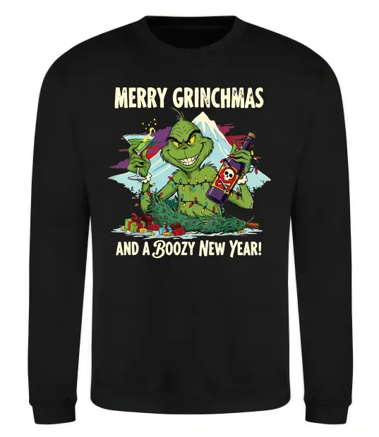 Свитшот Merry Grinchmas and boozy New Year Черный фото