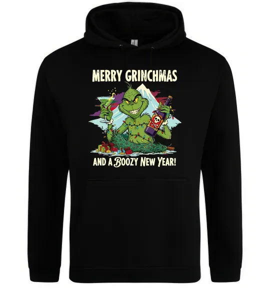 Женская толстовка (худи) Merry Grinchmas and boozy New Year Черный фото