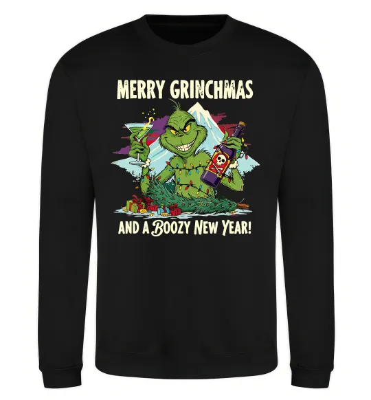 Свитшот Merry Grinchmas and boozy New Year Черный фото