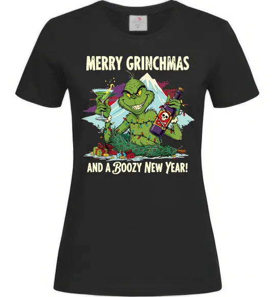 Жіноча футболка Merry Grinchmas and boozy New Year Чорний фото