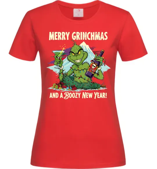 Жіноча футболка Merry Grinchmas and boozy New Year Червоний фото