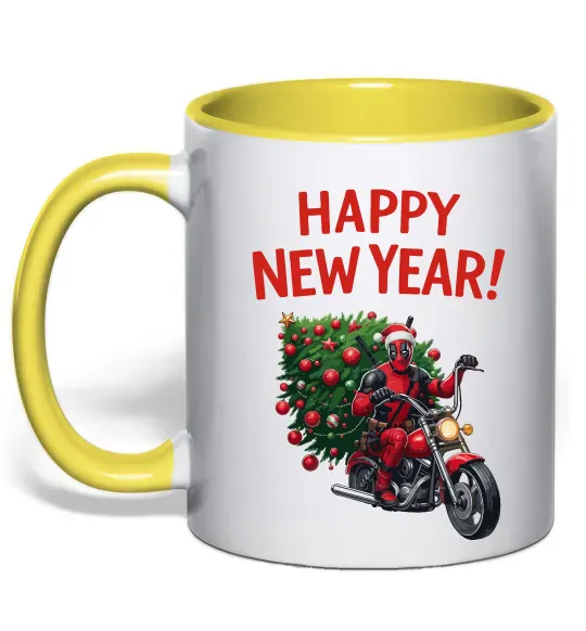 Чашка с цветной ручкой Дедпул з ялинкою Солнечно желтый фото