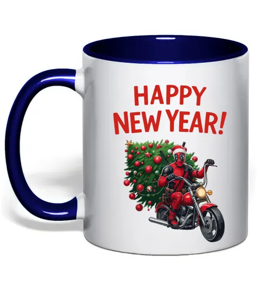 Чашка с цветной ручкой Дедпул з ялинкою Глубокий темно-синий фото