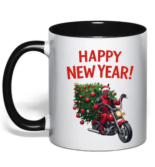 Чашка с цветной ручкой Дедпул з ялинкою Черный фото