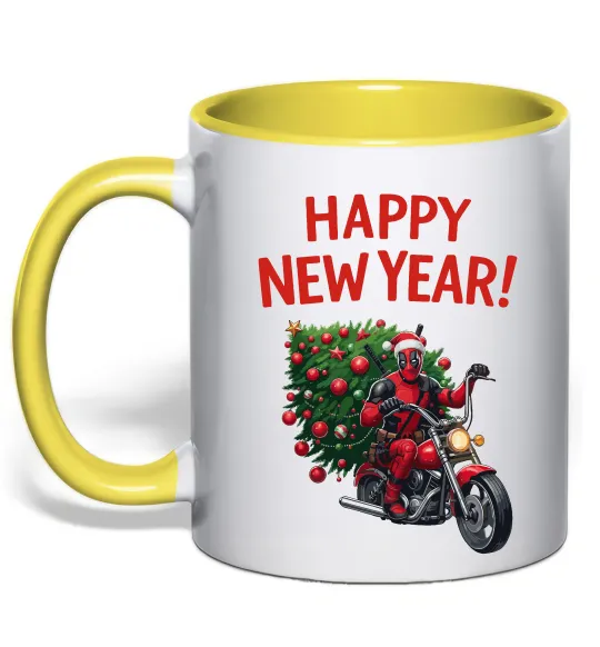 Чашка с цветной ручкой Дедпул з ялинкою Лимонный фото