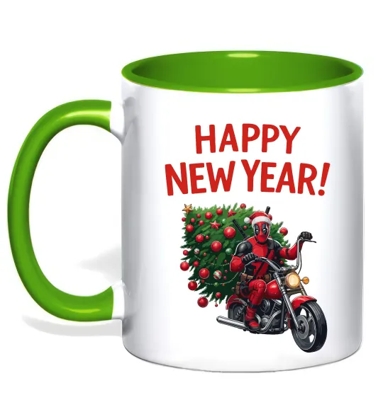 Чашка с цветной ручкой Дедпул з ялинкою Лаймовый фото