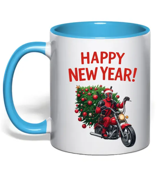 Чашка с цветной ручкой Дедпул з ялинкою Голубой фото