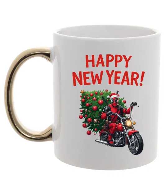 Чашка с цветной ручкой Дедпул з ялинкою Золото фото