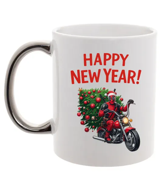 Чашка с цветной ручкой Дедпул з ялинкою Серебро фото